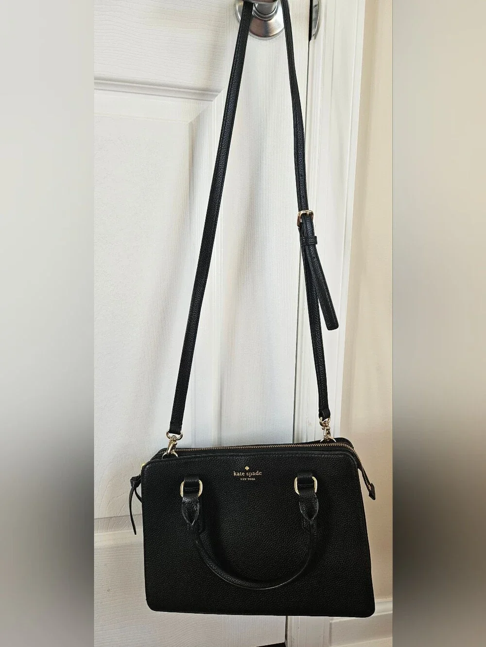 kate spade black pebbled leather satchel with gold accents